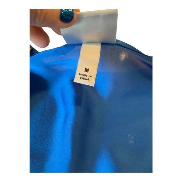 Tracy Reese Mixed Media Cap Sleeve Sequin Sheer Overlay Blue Tan Size M Neiman - Picture 12 of 14